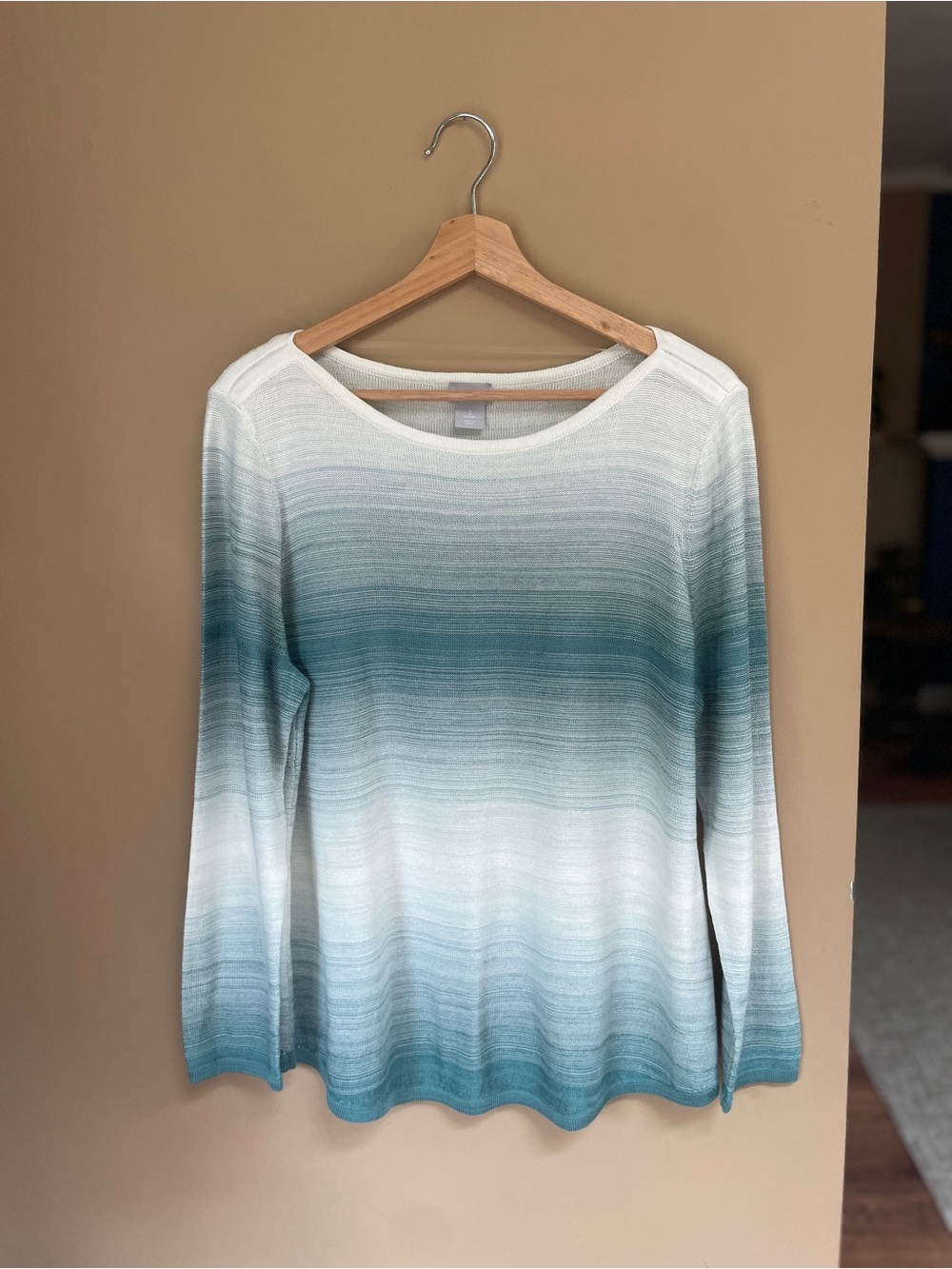 Chicos Womens Knit Beachy Coastal Sweater Top Size Large Ombre Blue Teal Knit‎